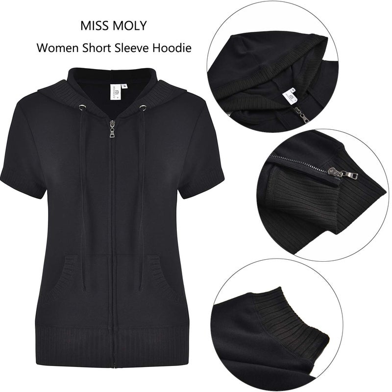 MISS MOLY Women's Zip Up Hoodie Short Sleeves Hooded Jacket Casual Lightweight Sweatshirt with Pockets Black M - Image 5
